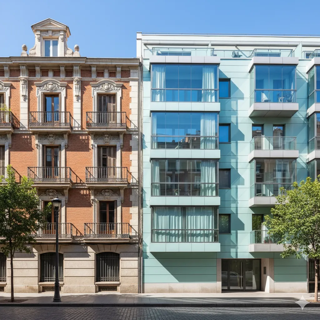 Traditional Spanish residential streetscape with balconies